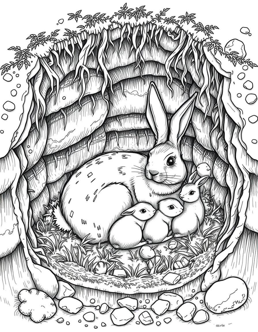 Black and white coloring page of mother rabbit with her baby bunnies in the burrow