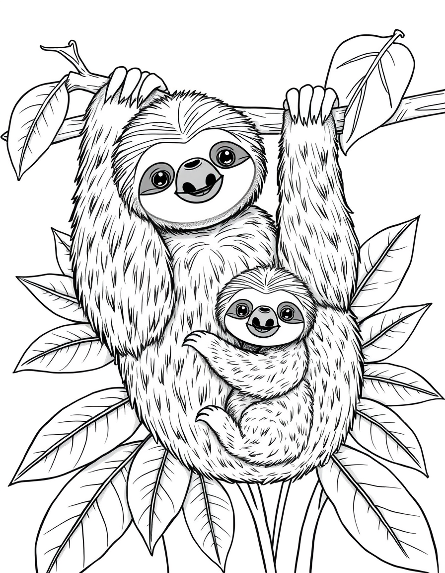 Mother Sloth Carrying Her Baby black and white line art