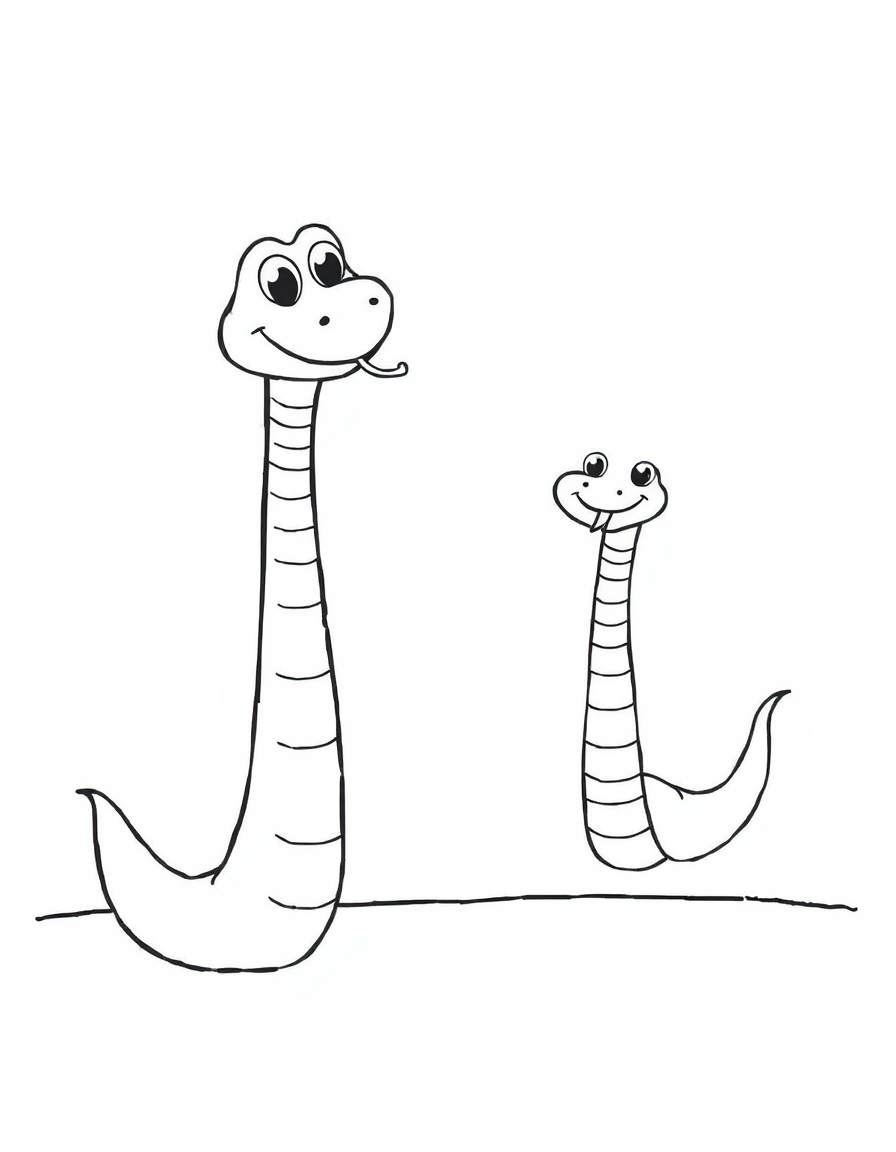Coloring page of a long mother snake beside a short baby snake