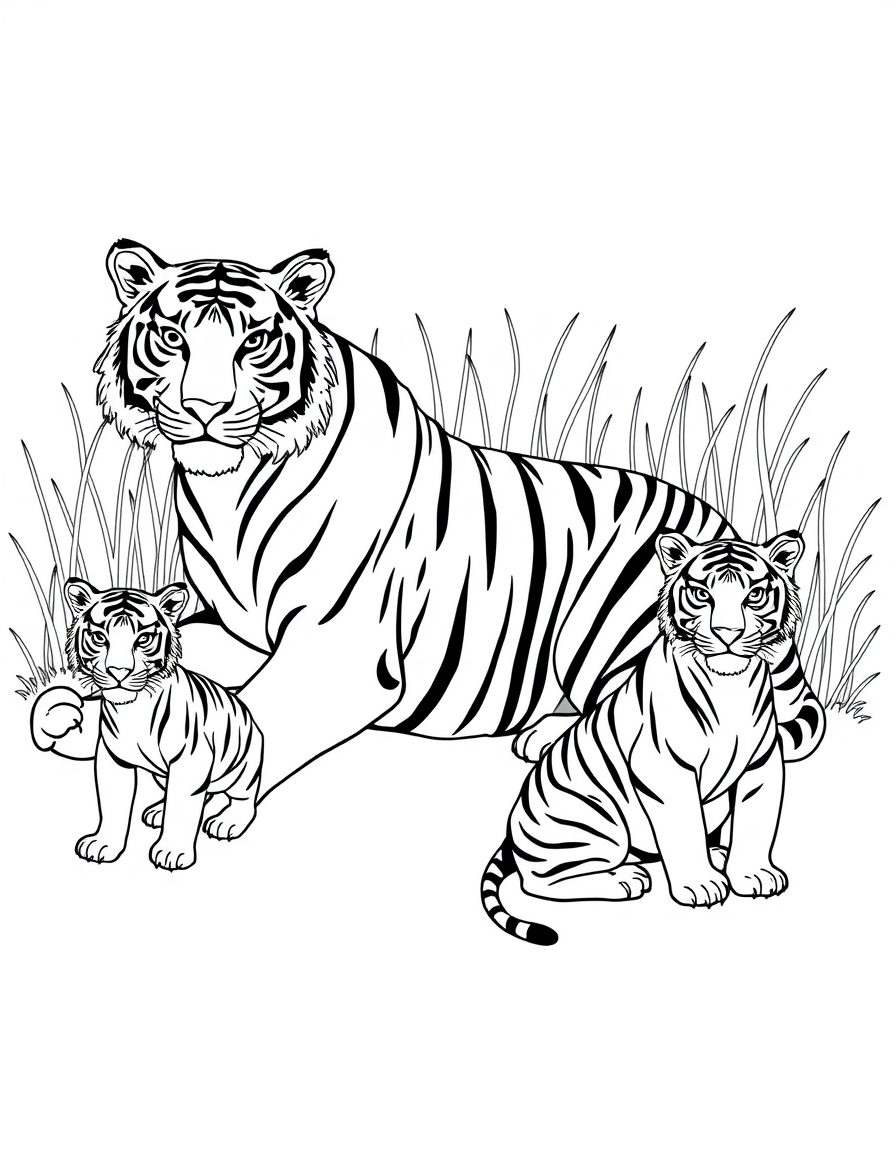 Mother Tiger With Her Two Cubs in Tall Grass black and white line art