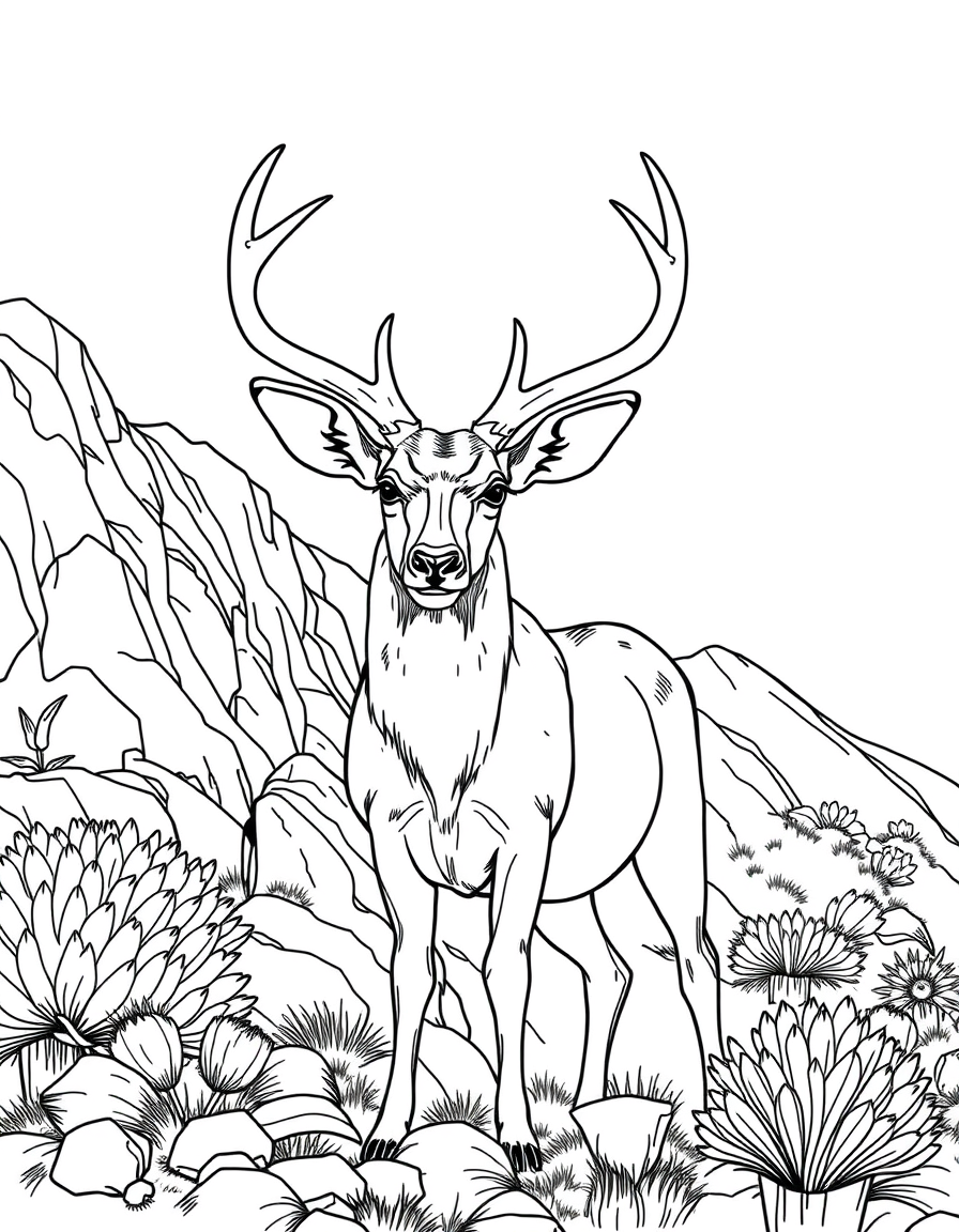 Mule Deer Standing on a Rocky Hillside black and white line art