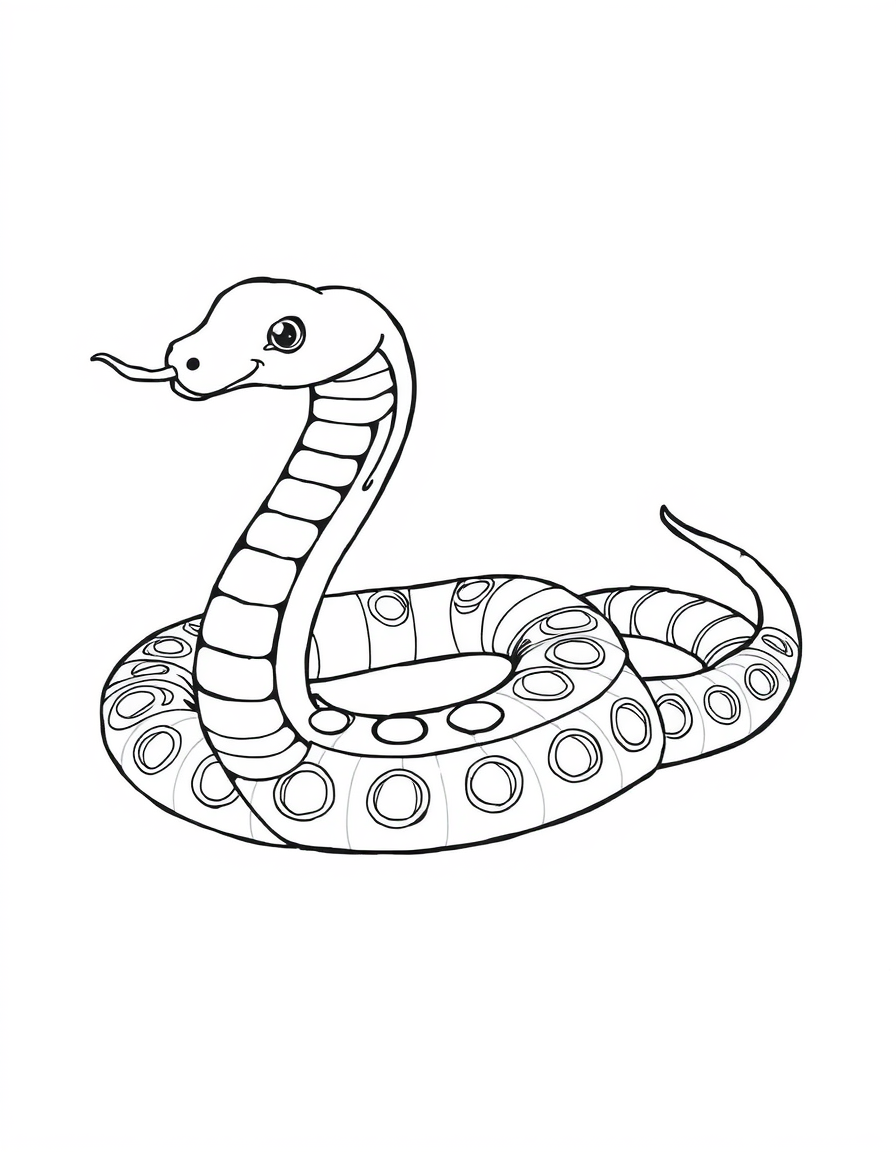 Decorative coloring page of a coiled snake covered in rows of open ring patterns