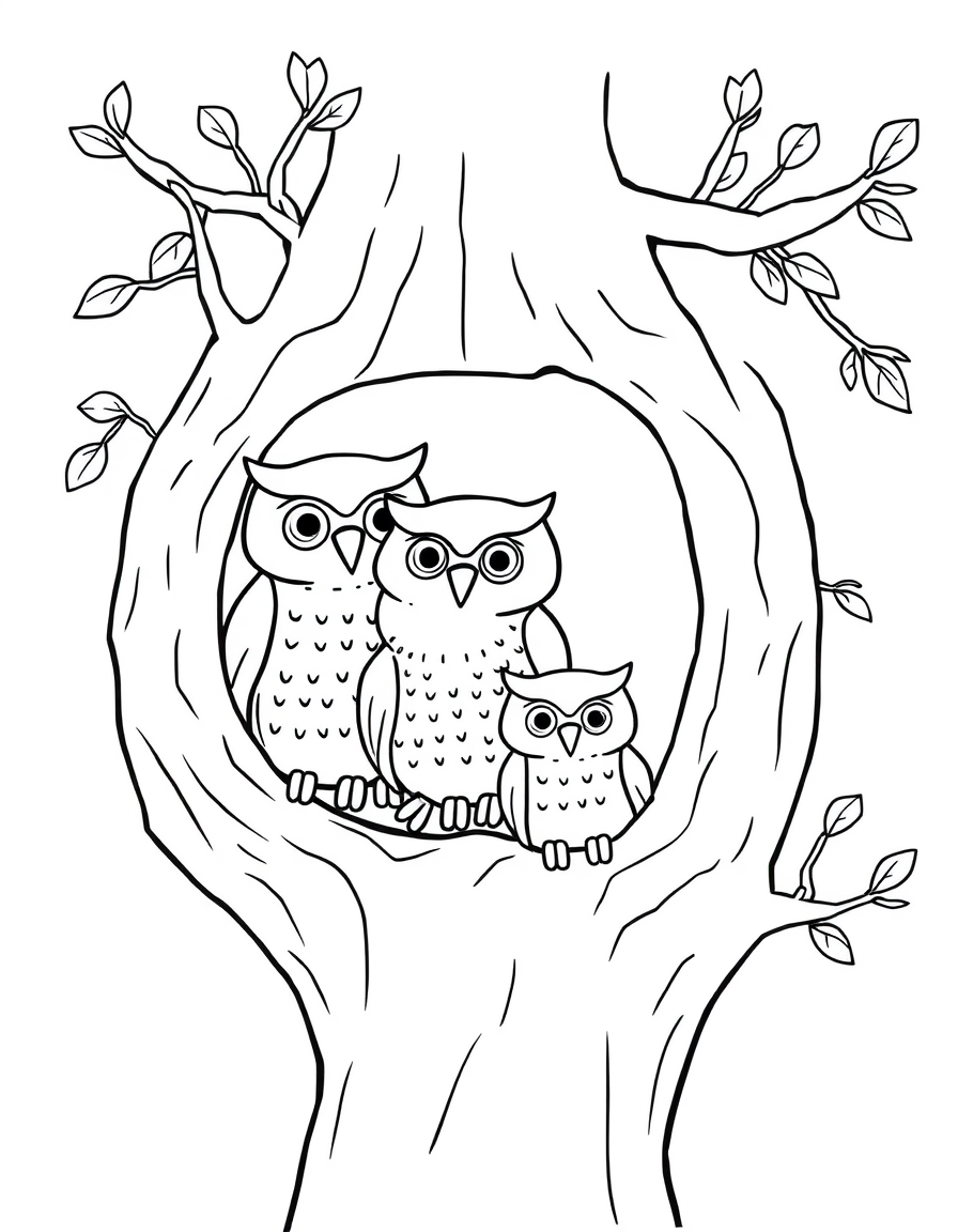 Black and white coloring page of an owl family together in a tree hollow
