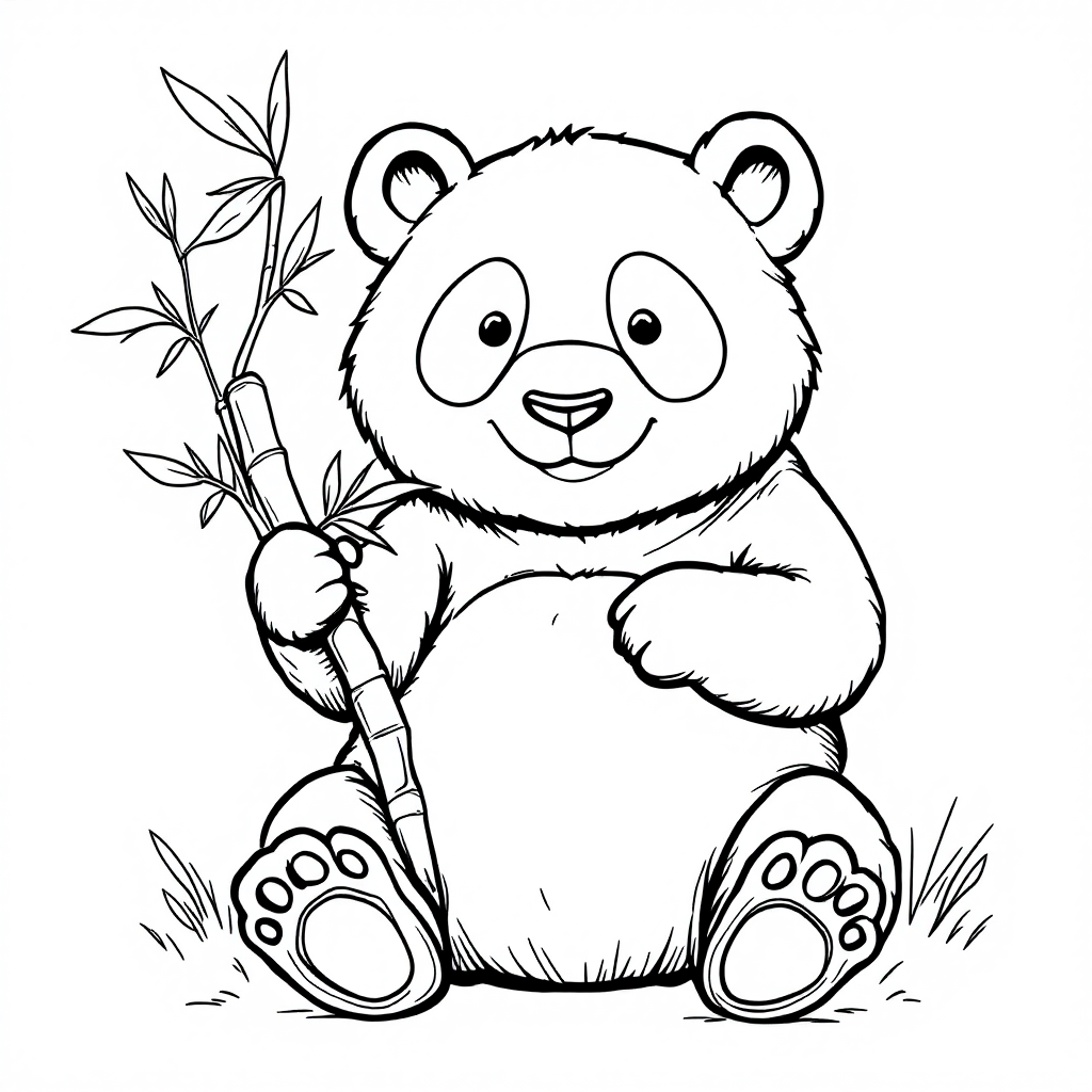 Coloring page of a giant panda sitting and holding a bamboo stalk