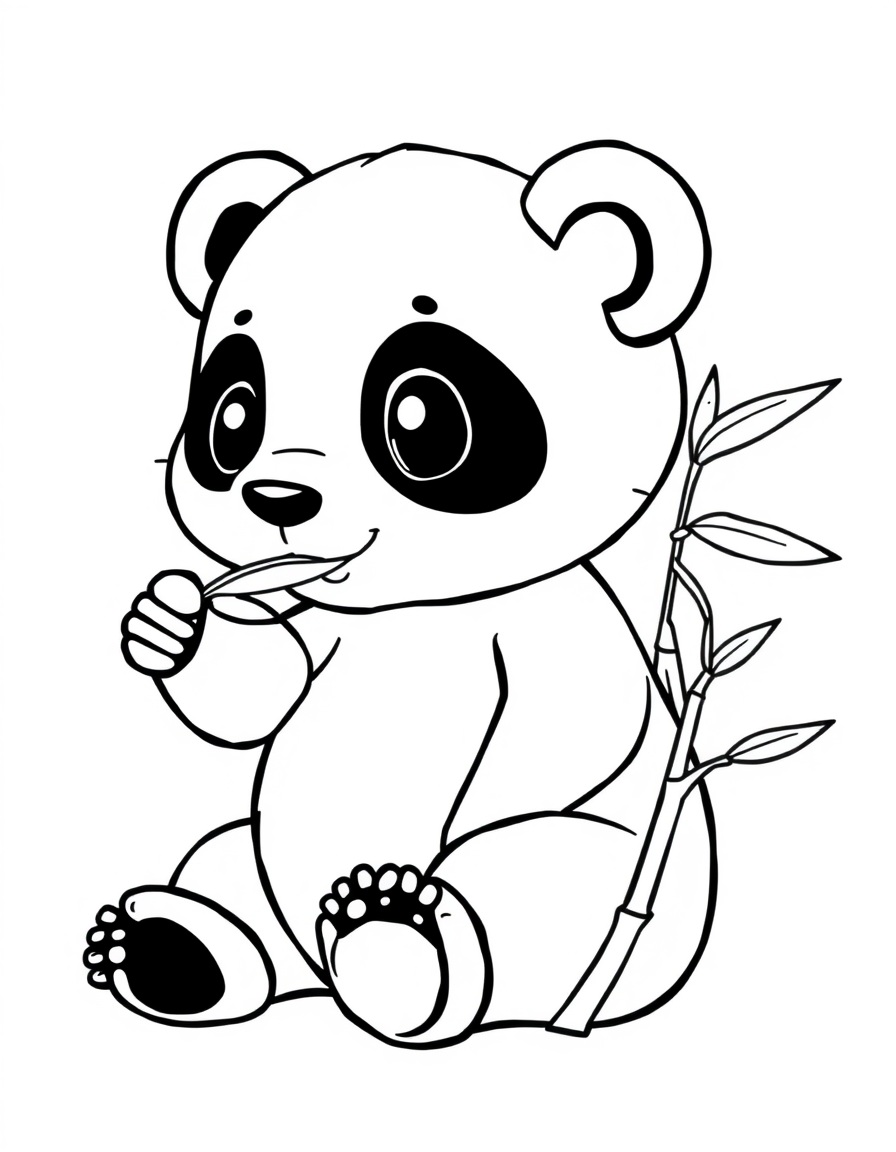 Baby panda cub sitting and chewing a bamboo leaf, thick outline coloring page