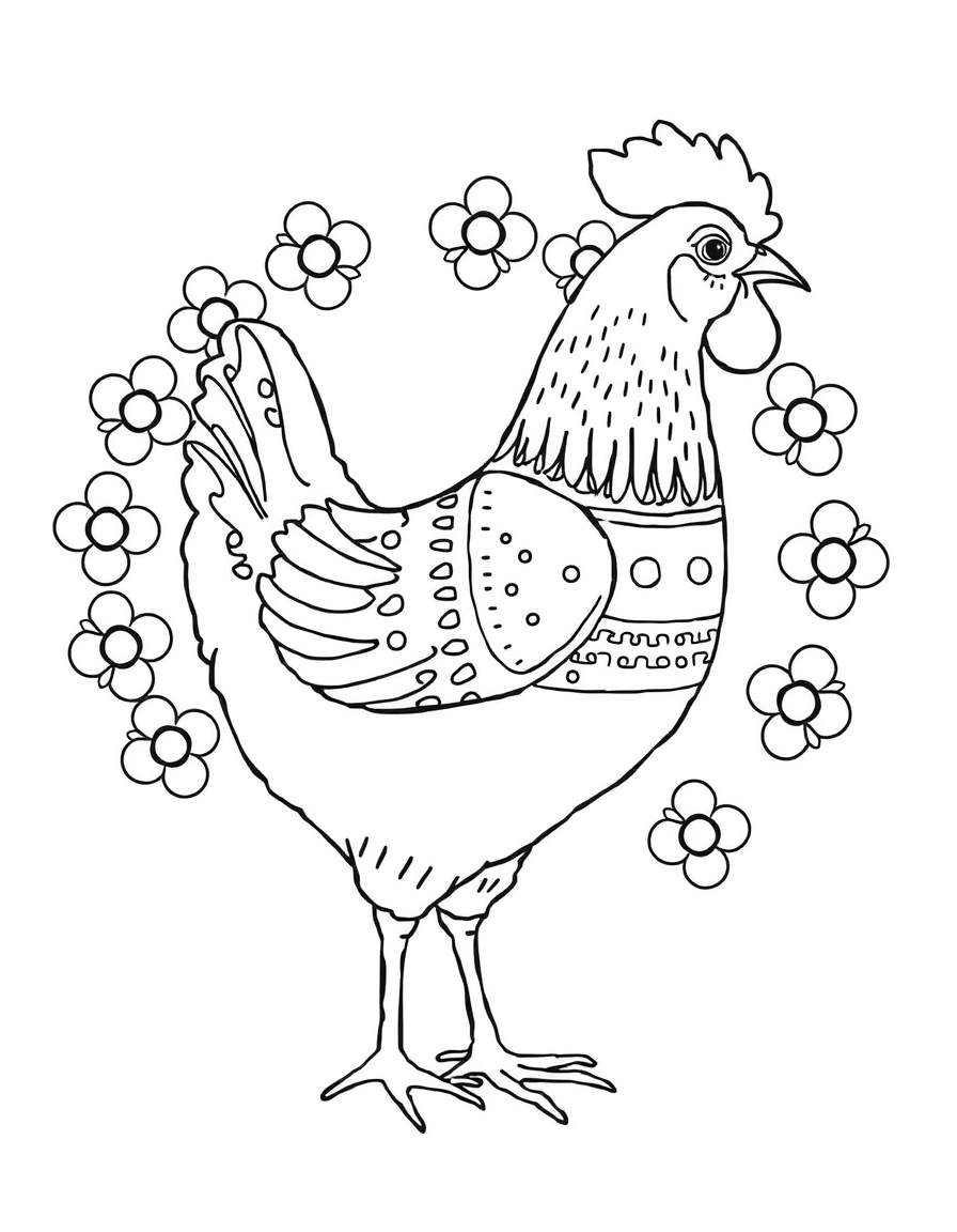 Decorative coloring page of a chicken filled with patterns and surrounded by simple farm flowers