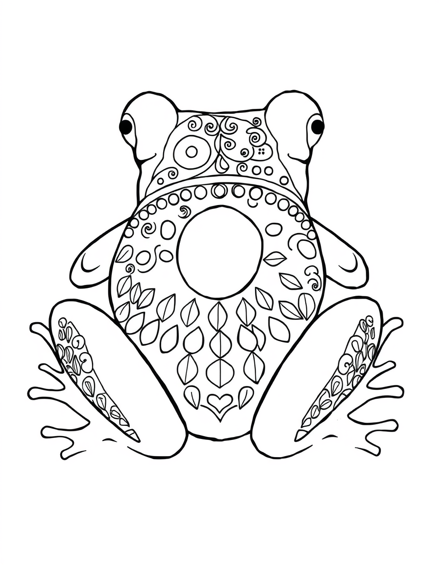 Coloring page of a frog seen from above with its whole body covered in swirls, circles and leaf shapes