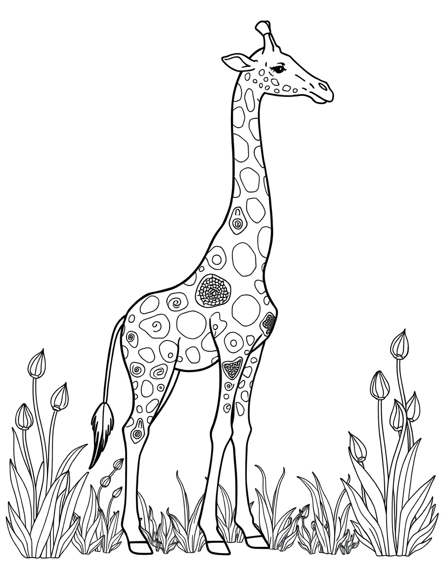 Detailed decorative coloring page of a giraffe with patterned coat patches and savanna plants
