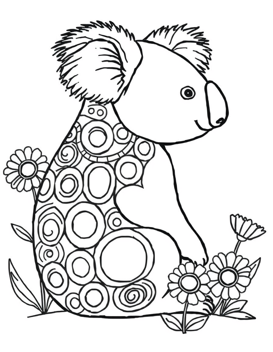 Detailed coloring page of a patterned koala sitting among Australian wildflowers