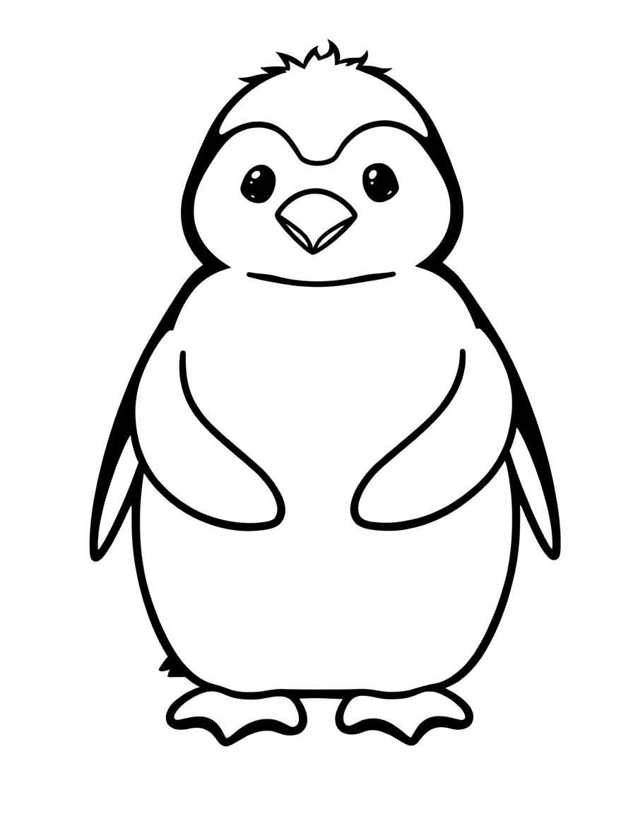 Baby penguin chick standing upright with a round fluffy body, thick outline coloring page