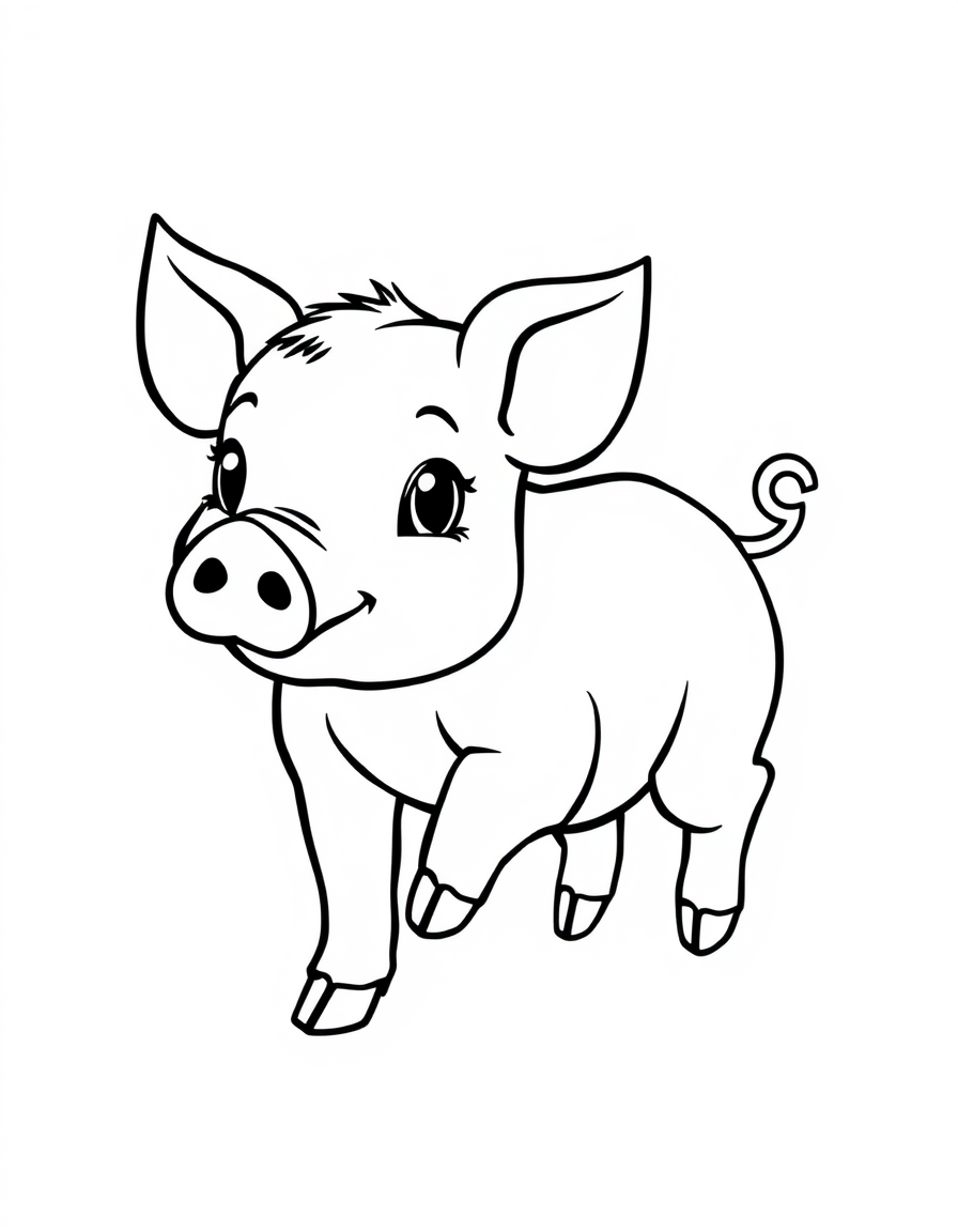 Baby piglet trotting forward with a curly tail, thick outline coloring page