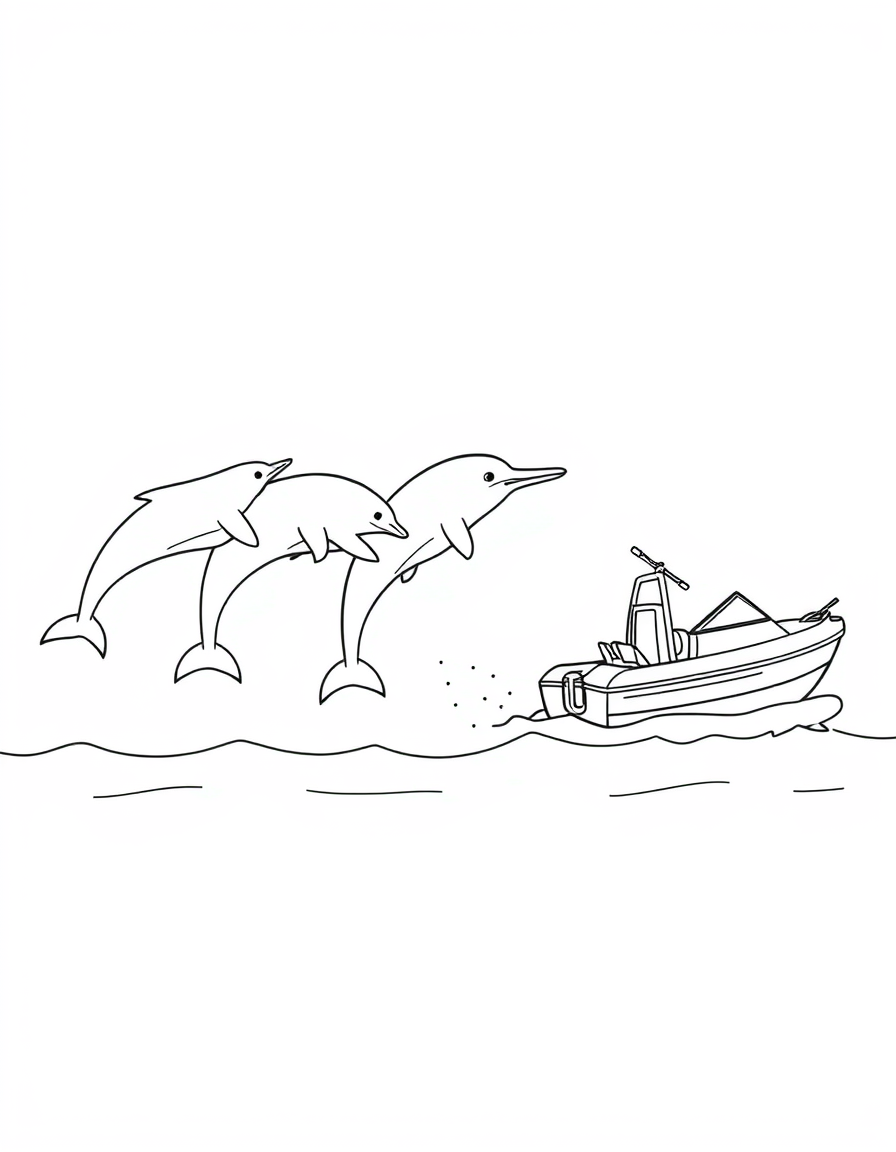 Pod of Dolphins Riding a Boat Wake black and white line art