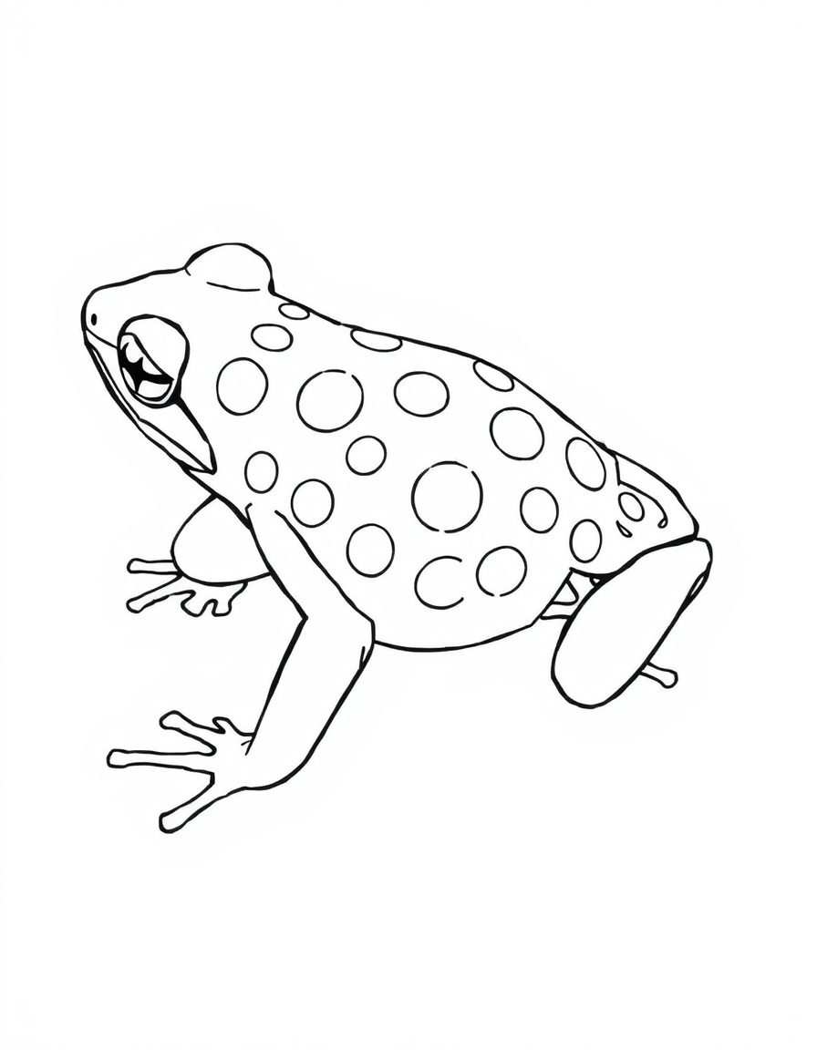 Coloring page of a poison dart frog covered in open outlined spots of different sizes