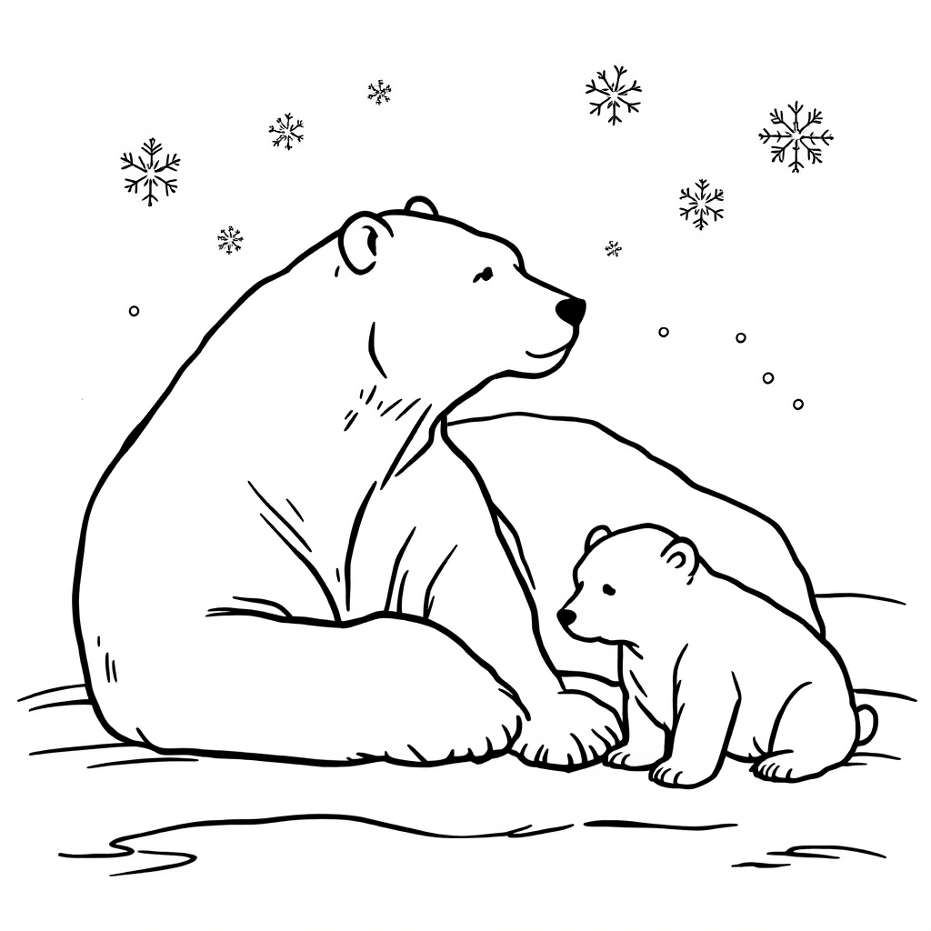 Coloring page of a mother polar bear lying in the snow beside her cub