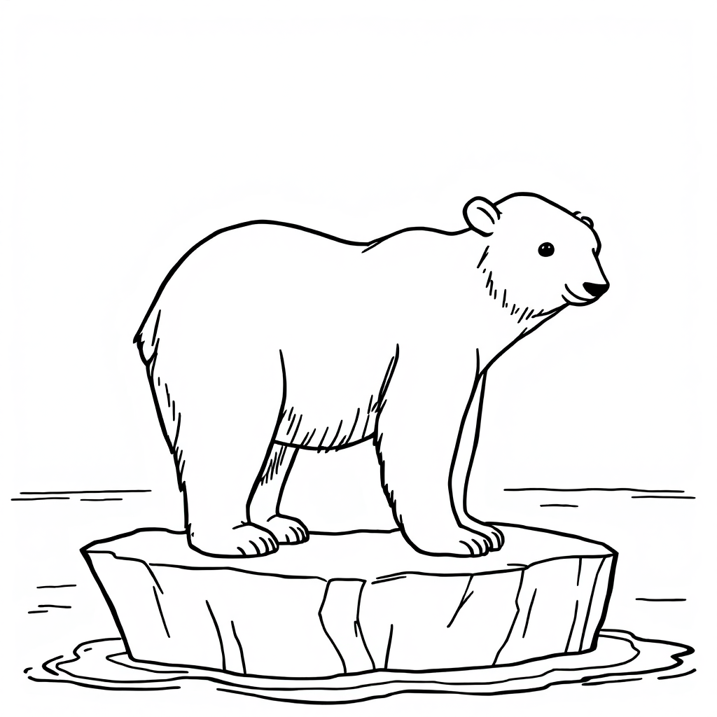 Coloring page of a polar bear standing on a flat slab of ice above the water