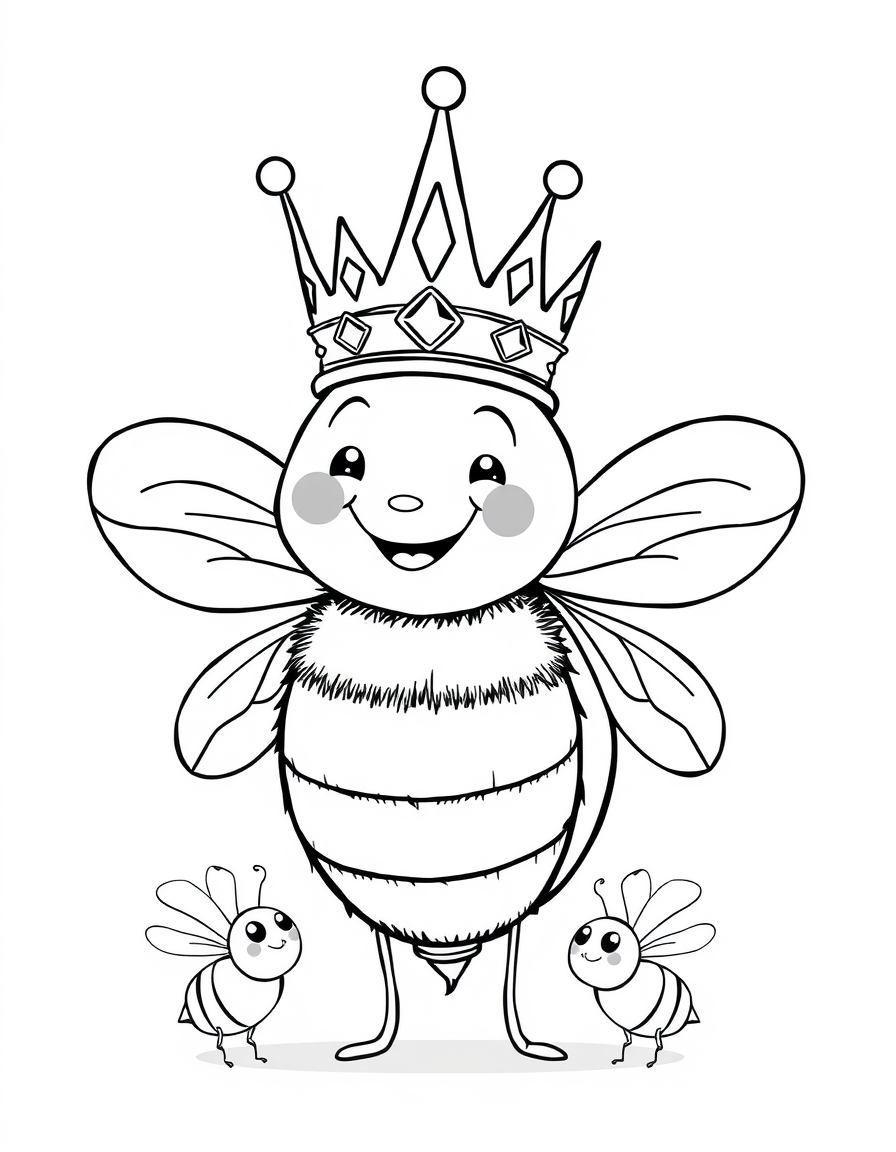 Queen Bee Wearing a Crown black and white line art