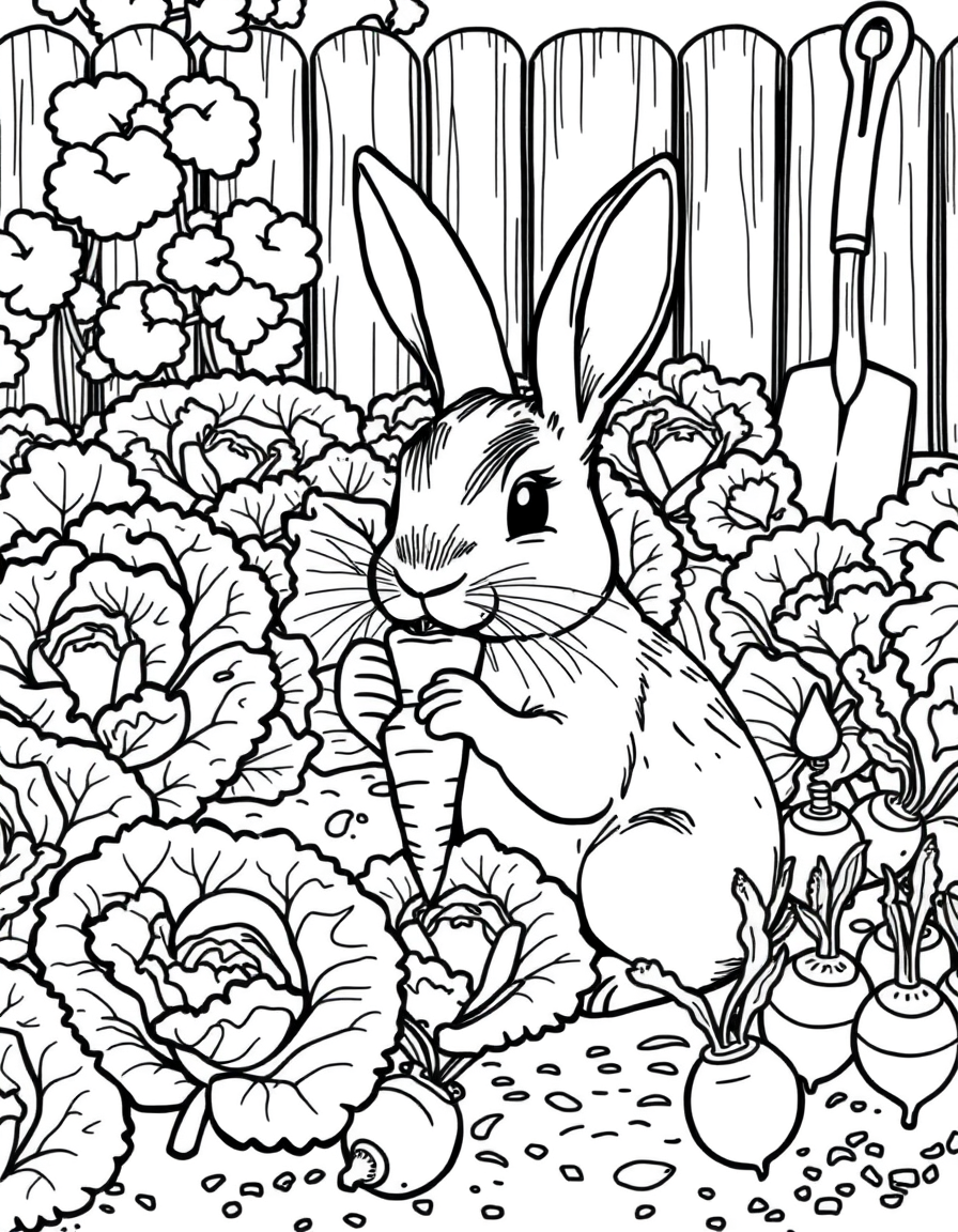 Black and white coloring page of rabbit eating vegetables in a garden