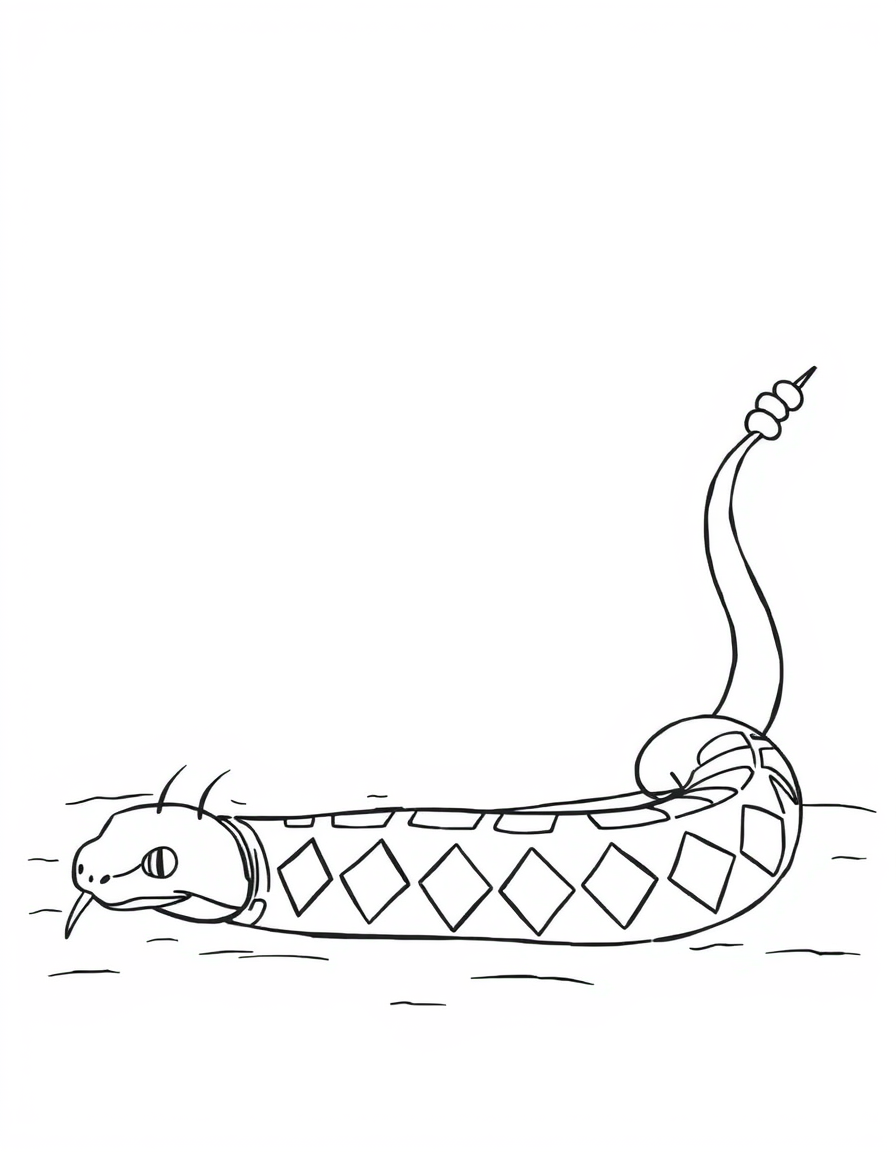 Realistic coloring page of a rattlesnake lying on the ground with its segmented rattle held up