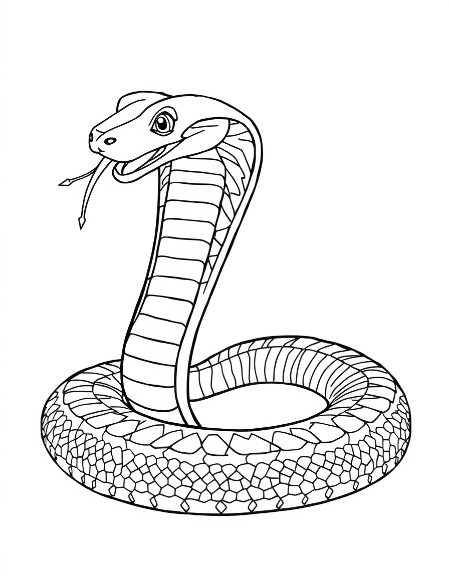 Realistic coloring page of a cobra reared up with its hood spread wide
