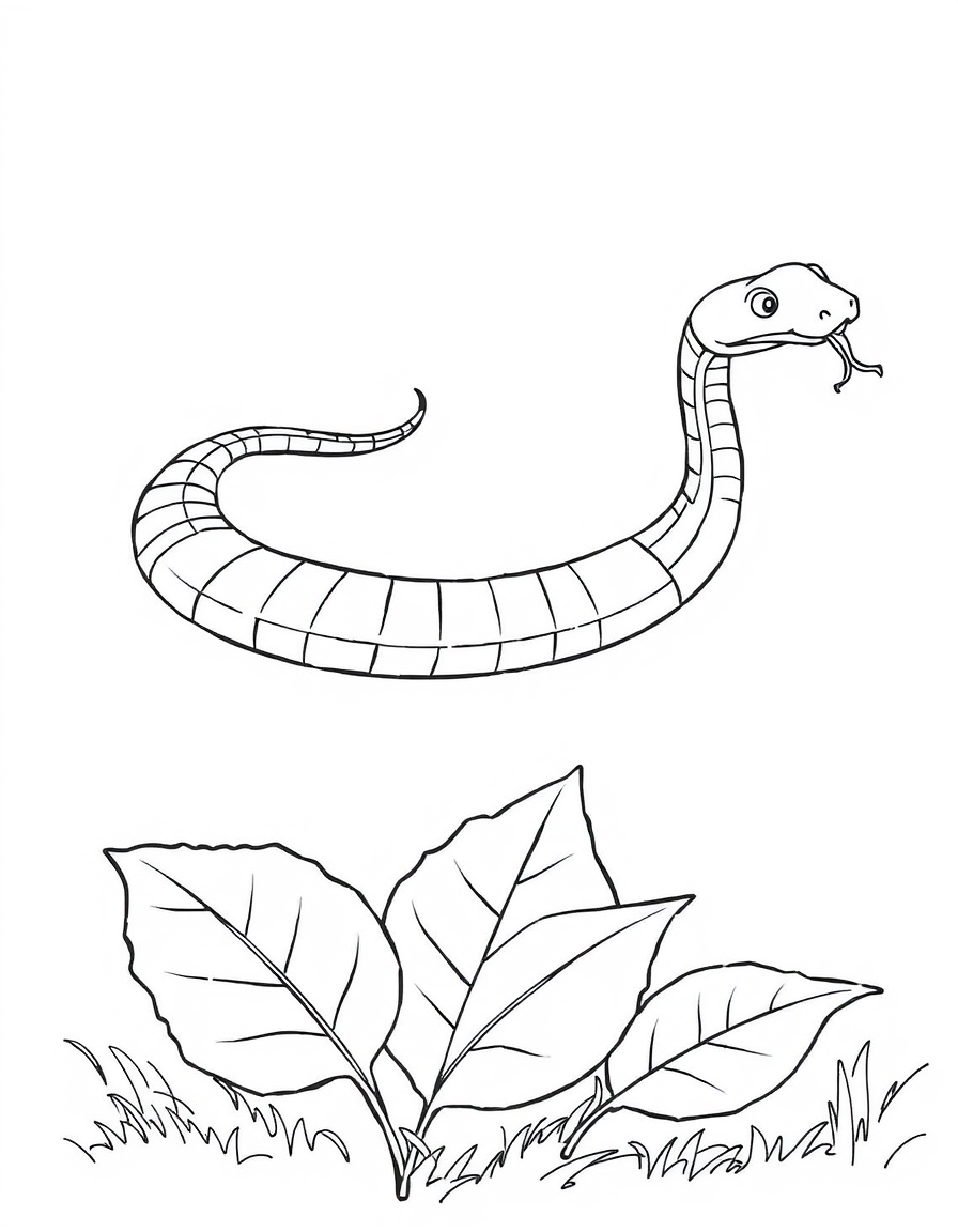 Realistic coloring page of a slender garter snake moving across fallen leaves