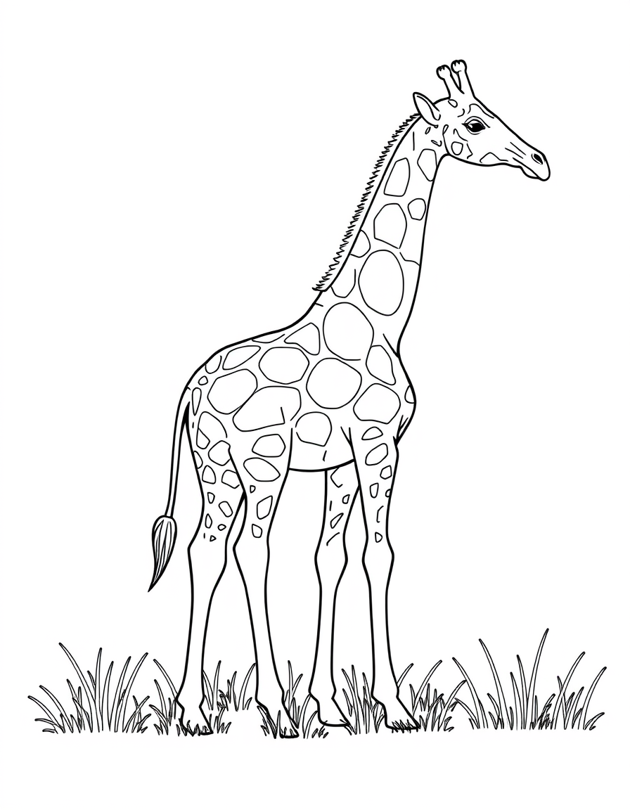 Detailed coloring page of a realistic giraffe standing on the savanna