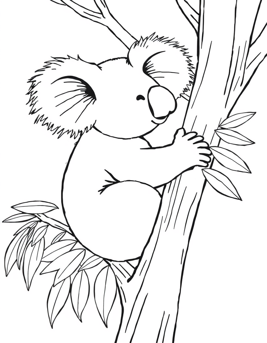 Detailed coloring page of a realistic koala resting in the fork of a eucalyptus tree