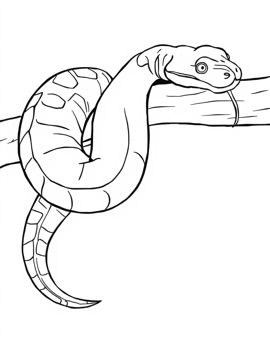 Realistic coloring page of a heavy python draped over a thick tree branch with its head resting on it
