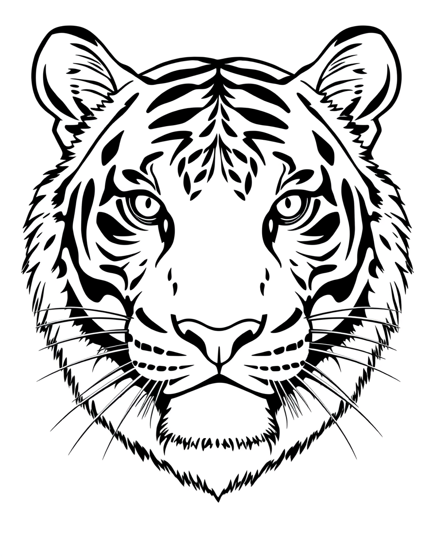 Realistic Tiger Head Portrait With Detailed Stripes black and white line art