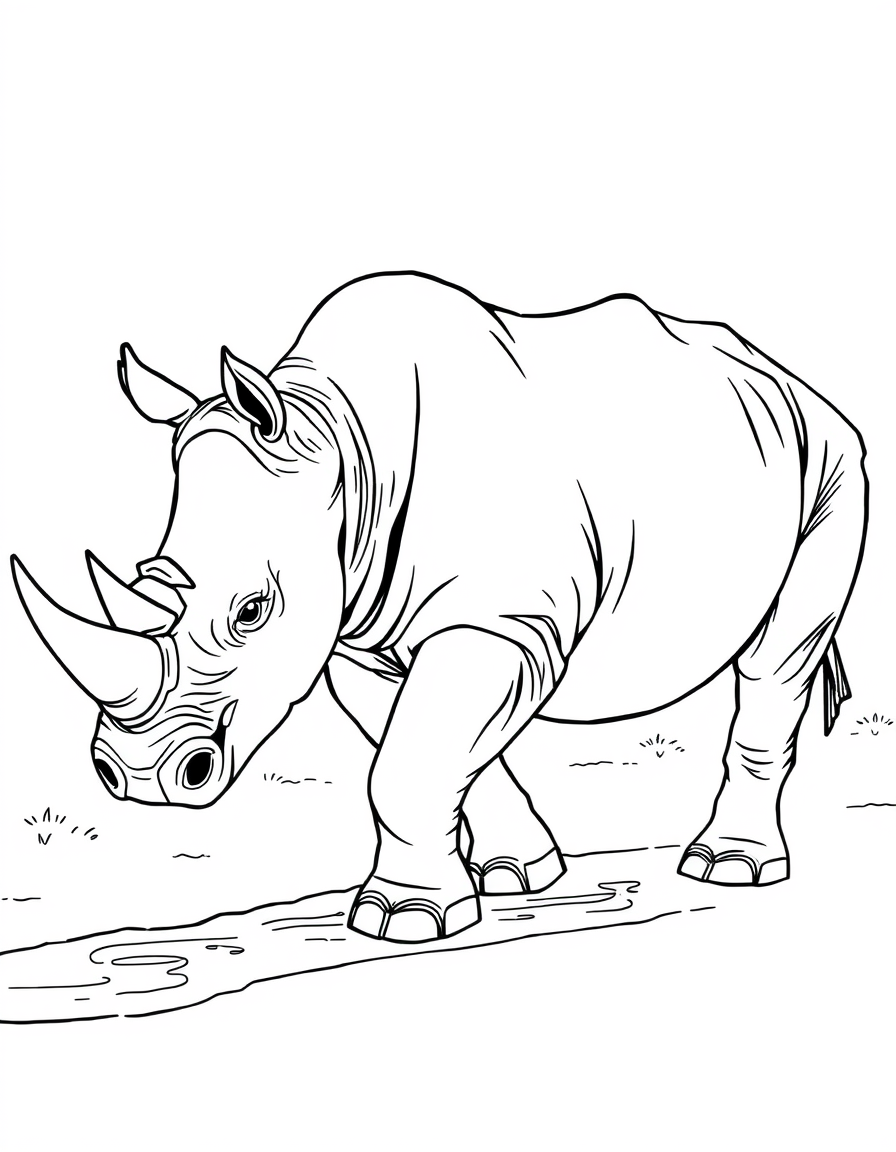 Rhino Walking Past a Watering Hole black and white line art