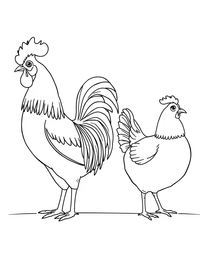Coloring page of a rooster and a hen standing side by side in a barnyard