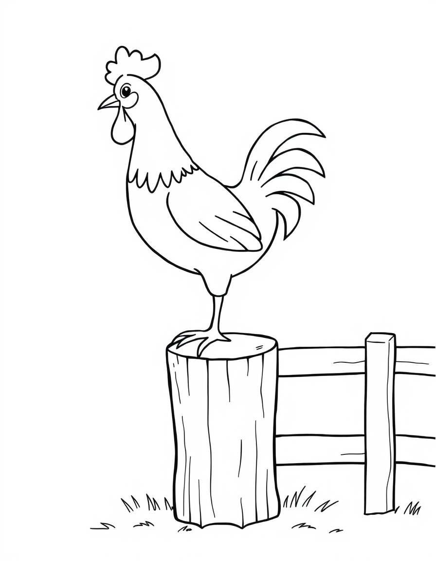 Coloring page of a rooster standing on top of a wooden fence post