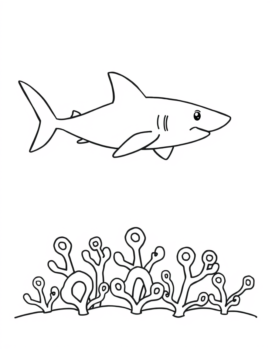 Black and white coloring page of shark and colorful coral reef detailed scene