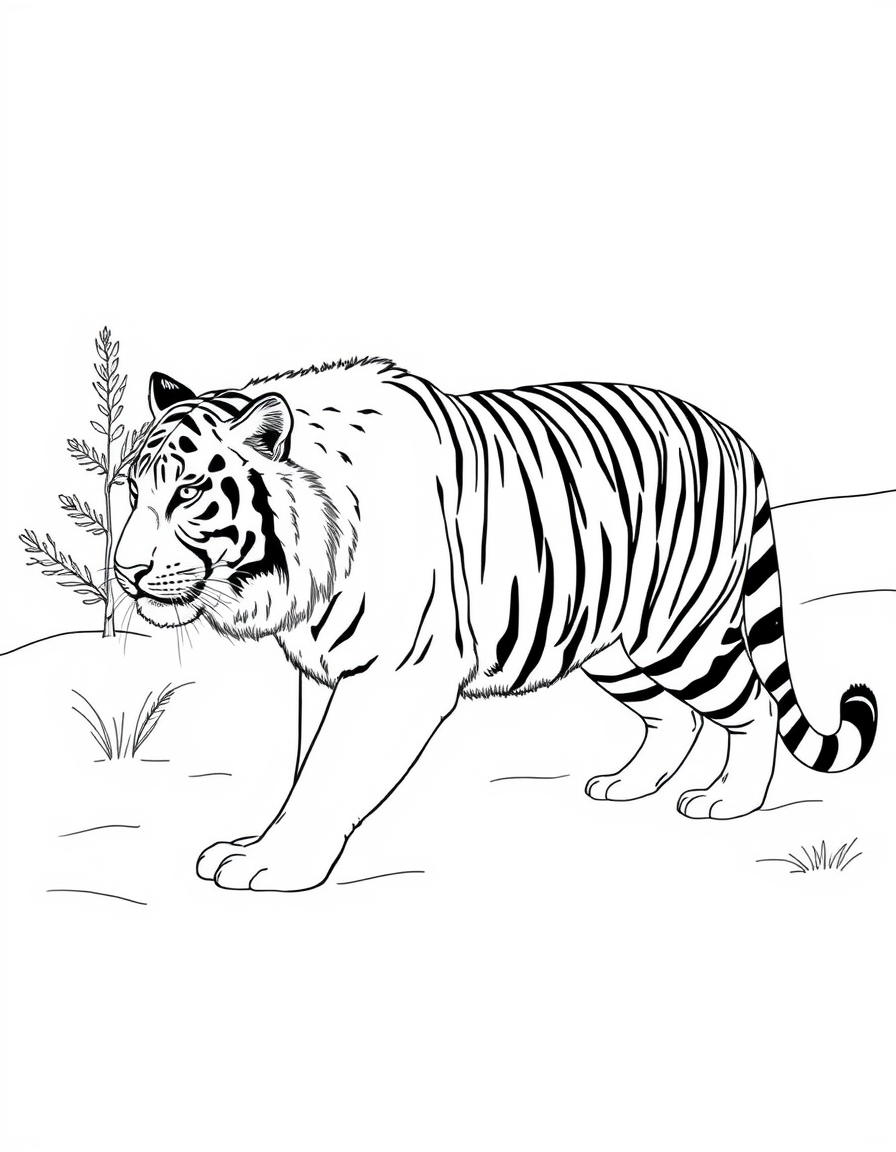 Siberian Tiger Walking Through Snow black and white line art