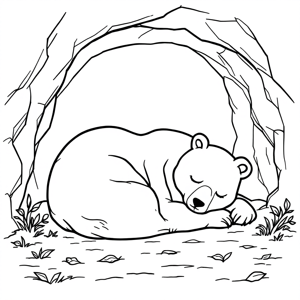 Coloring page of a bear curled up asleep inside a rocky den