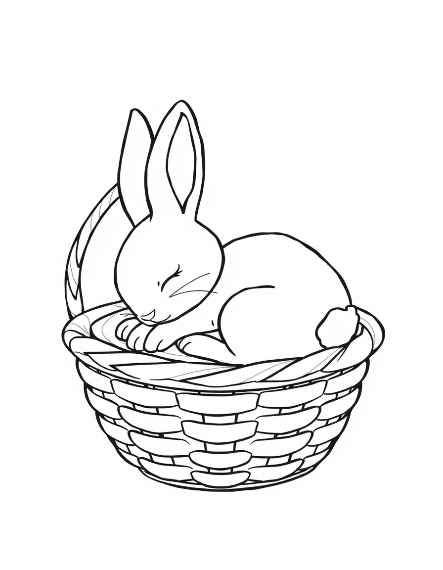 Black and white coloring page of sleeping bunny curled up in a basket