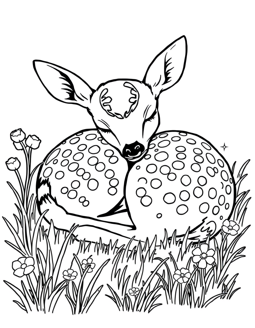 Sleeping Fawn Curled Up in a Meadow black and white line art