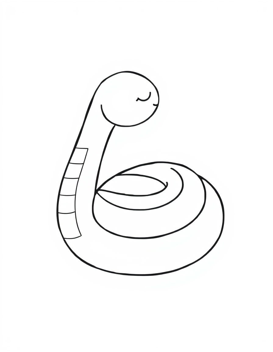 Coloring page of a sleeping cartoon snake wound into a flat spiral