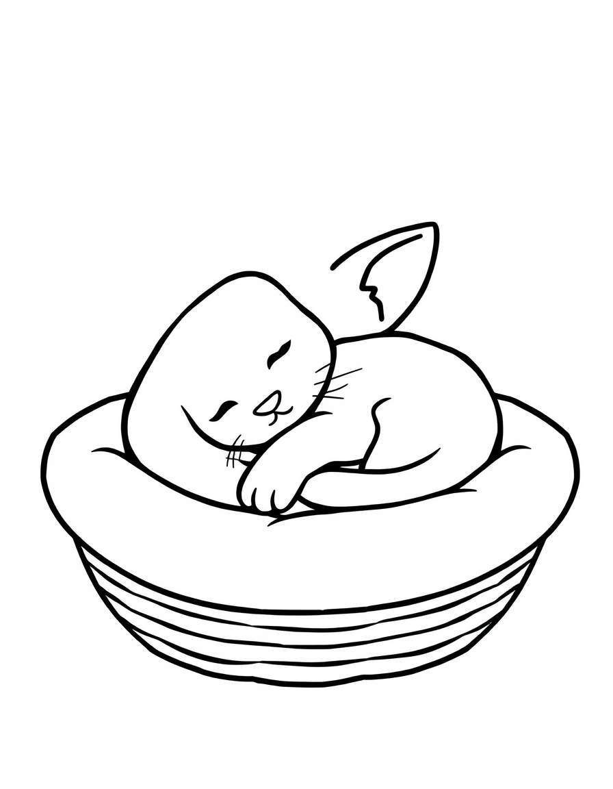 Sleepy kitten curled up asleep in a woven basket, thick outline coloring page