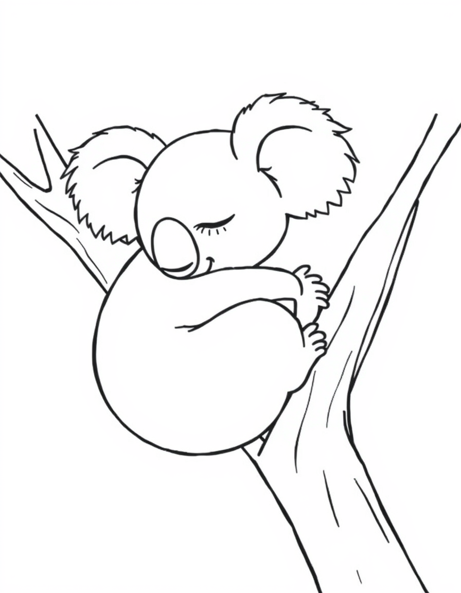 Coloring page of a sleepy koala curled up asleep in the fork of a tree