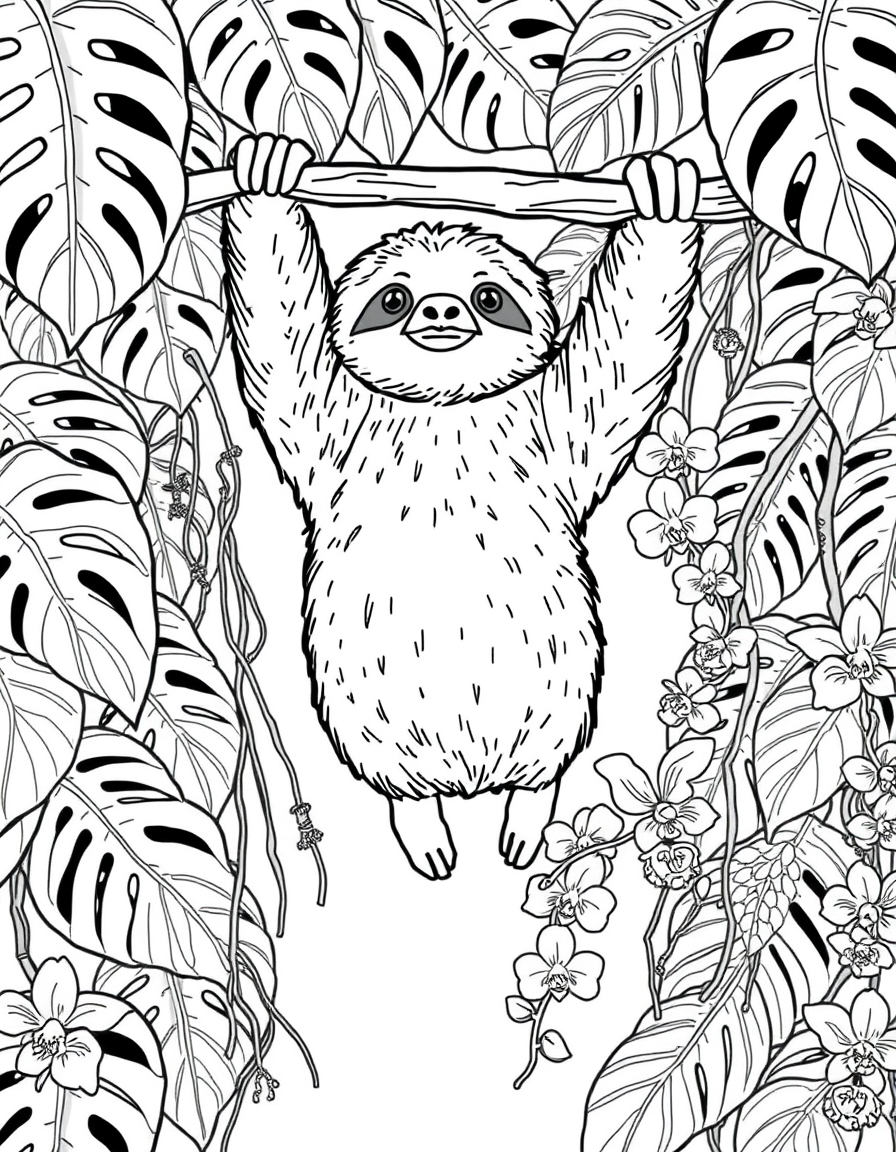 Sloth Hanging Among Jungle Leaves and Vines black and white line art