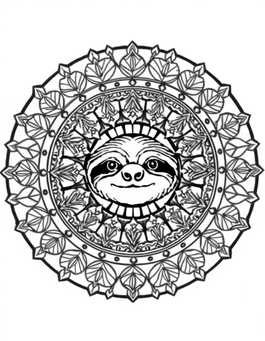 Sloth Mandala With Leaf Patterns black and white line art