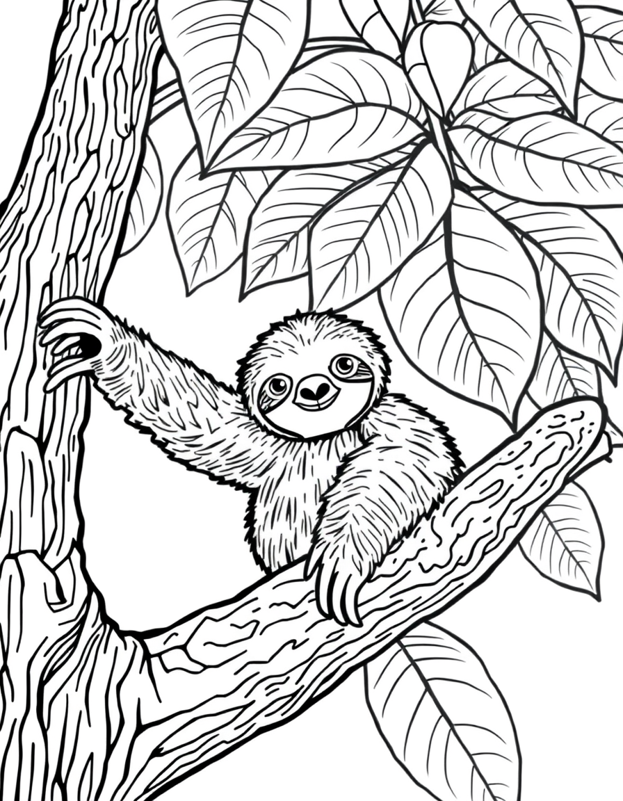 Sloth Reaching for Cecropia Leaves black and white line art