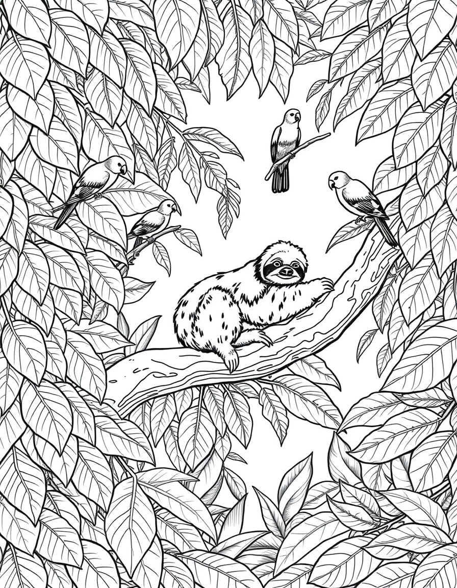 Sloth Resting in a Canopy Full of Birds black and white line art
