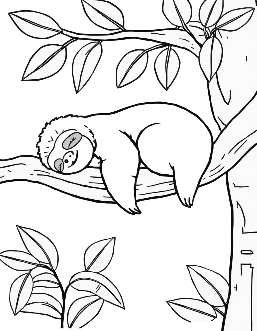 Sloth Sleeping on a Thick Branch black and white line art