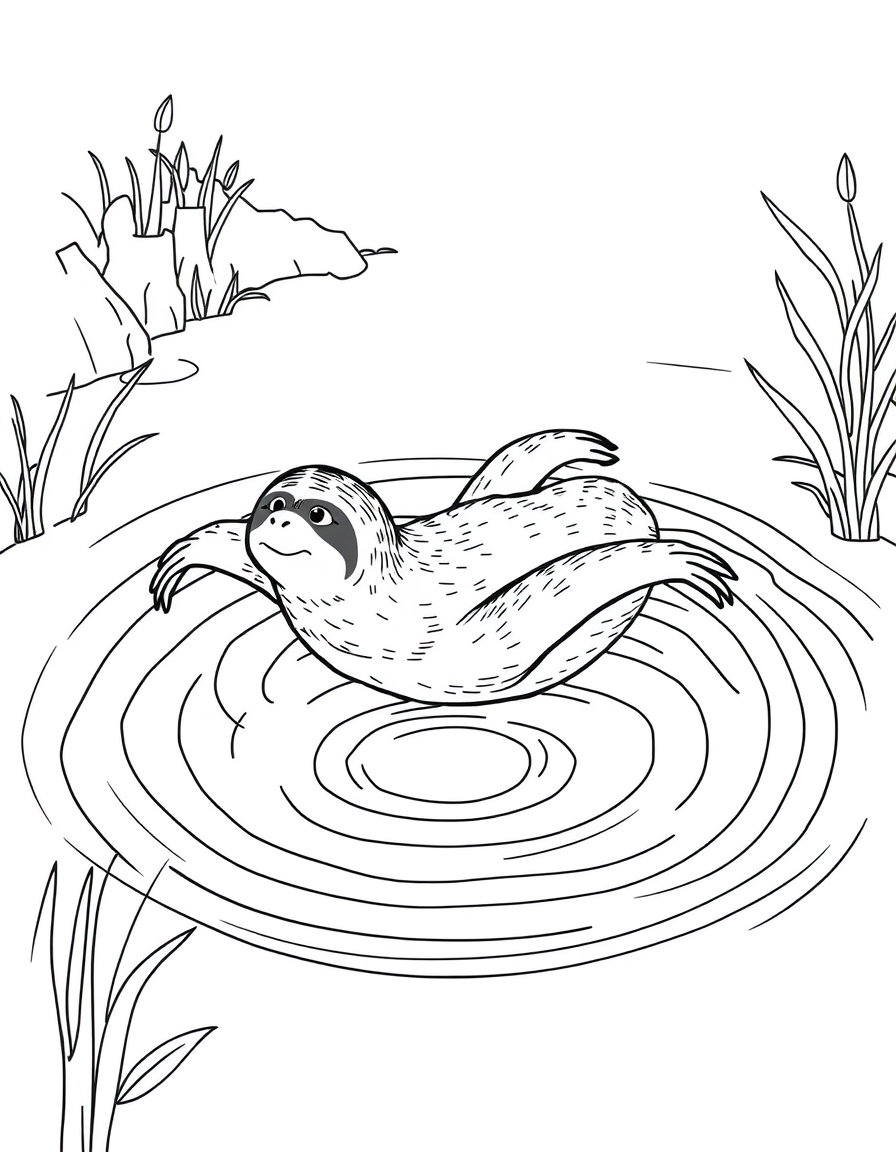 Sloth Swimming Through a Rainforest River black and white line art
