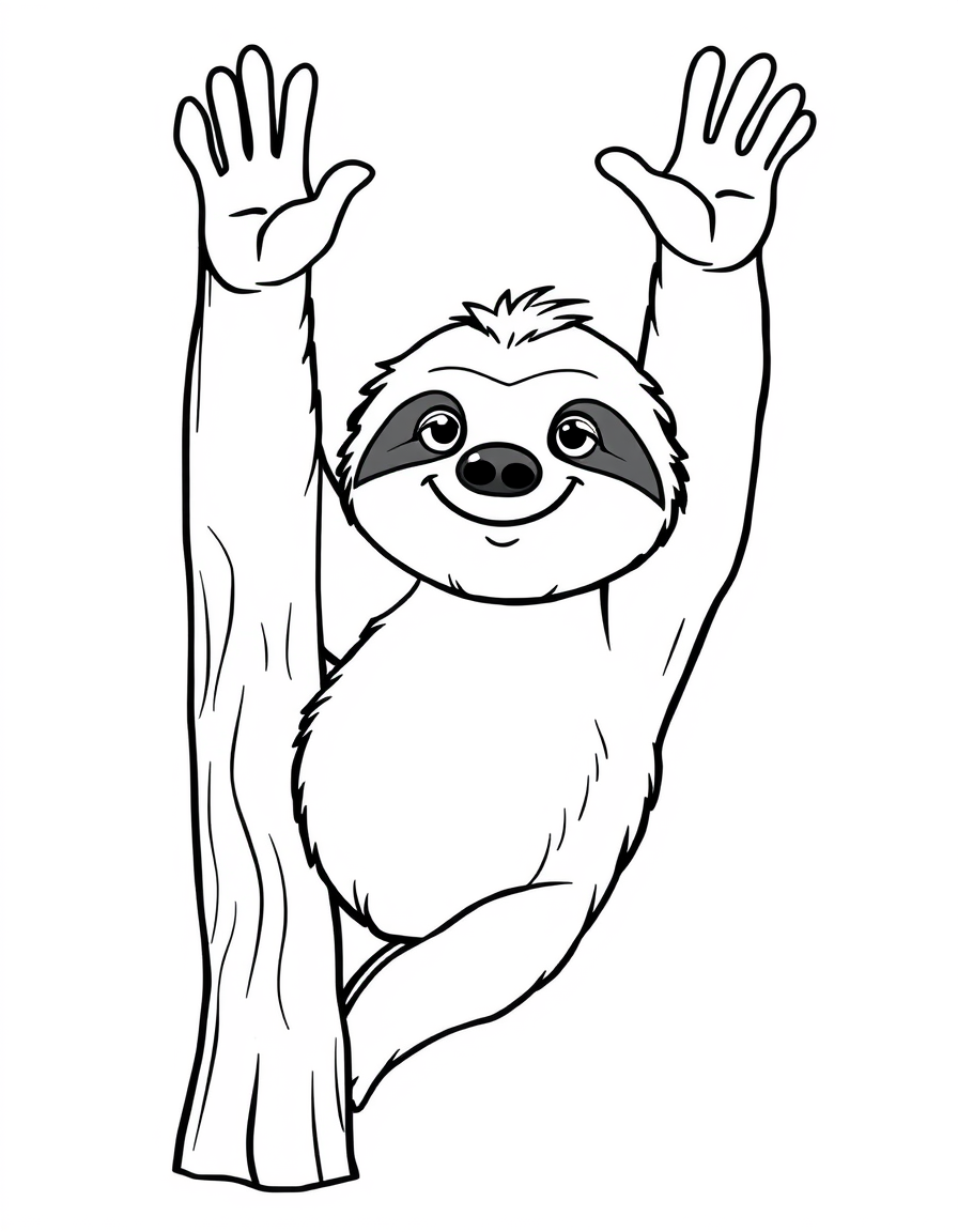 Sloth Waving From a Tree Trunk black and white line art