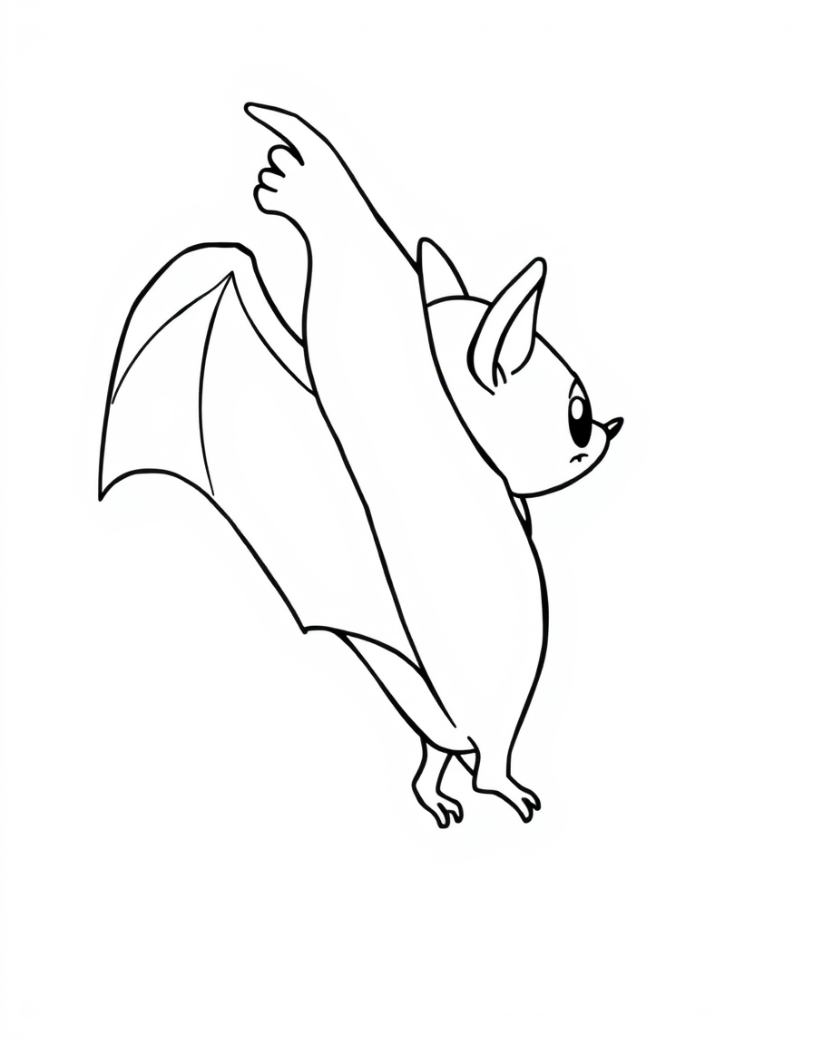 Smiling Bat Waving One Wing black and white line art