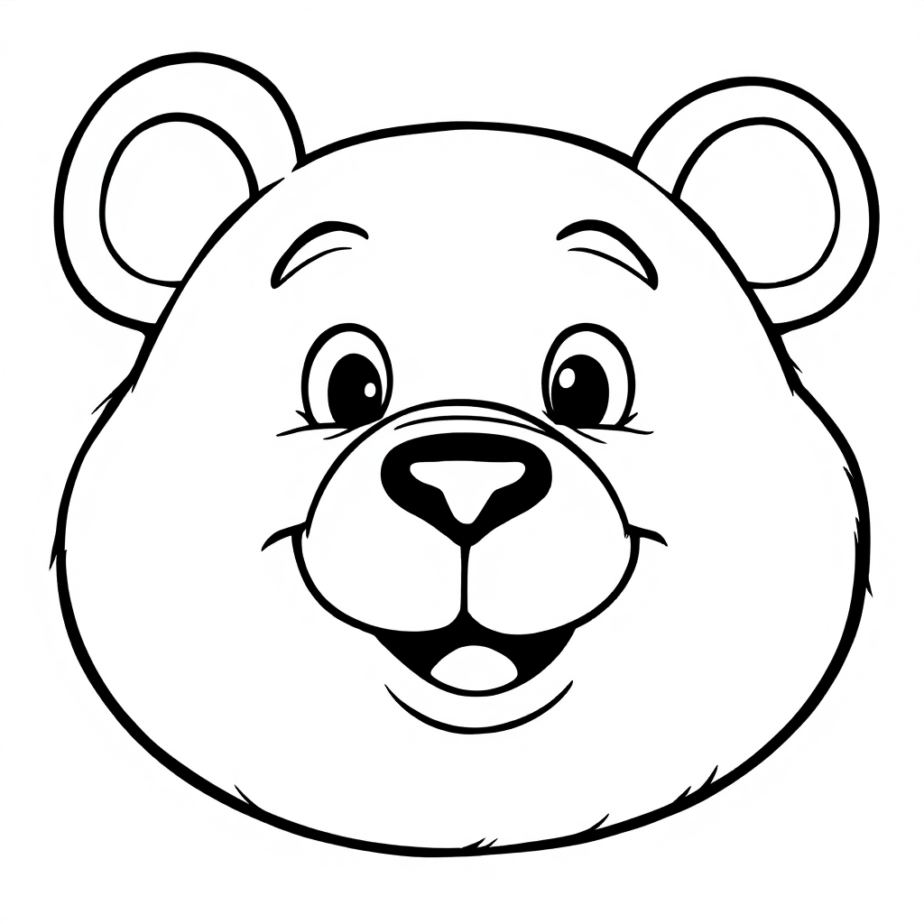Coloring page of a large smiling bear face seen from the front