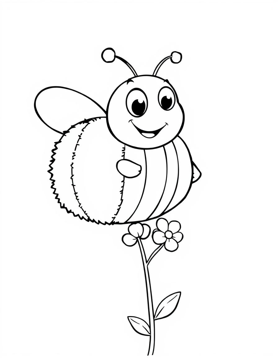 Smiling Bumble Bee With a Round Fuzzy Body black and white line art