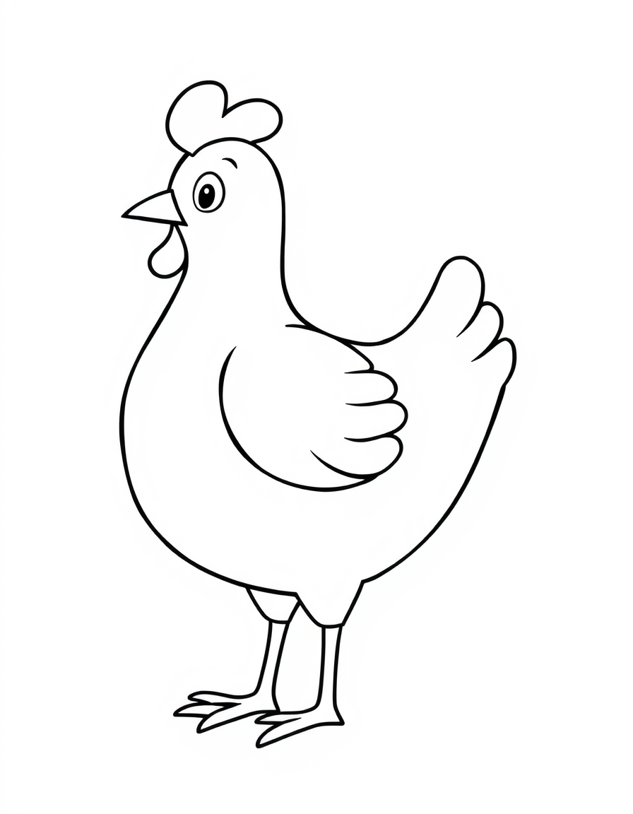 Coloring page of a smiling cartoon hen standing on two legs